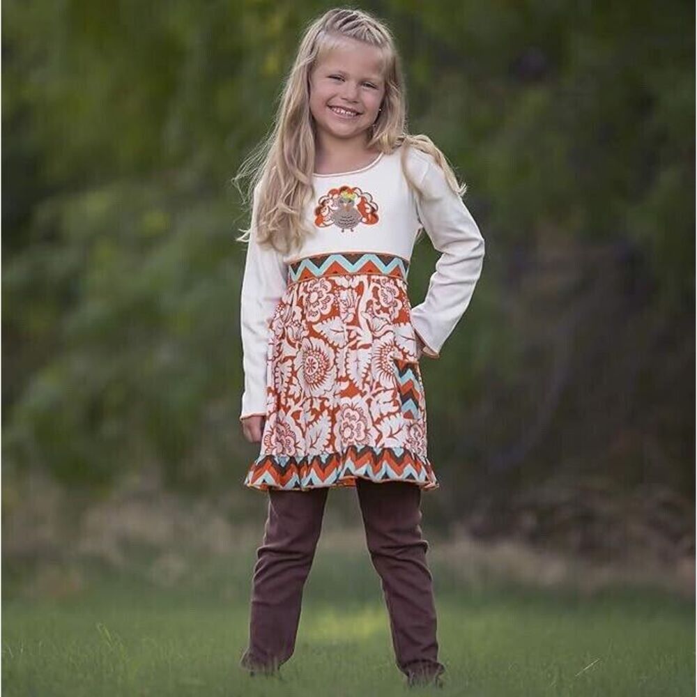 Ann Loren BNWT Girl's Thanksgiving Outfit Chevron Turkey Dress Size 4-5 - Picture 4 of 5